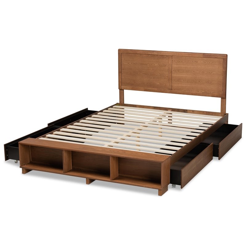 Baxton Studio Brown Wood Full Size 4-Drawer Platform Storage Bed with Shelves