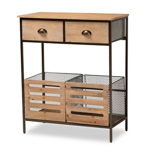 baxton studio oak brown wood and black metal 2-drawer kitchen storage cabinet