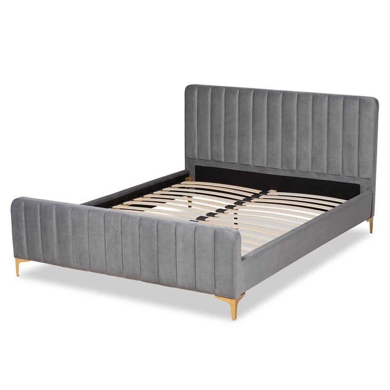 Baxton Studio Grey Fabric Upholstered and Gold Finished Queen Size Platform Bed