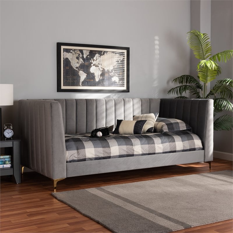 Baxton Studio Oksana Grey Velvet Upholstered and Gold Finished Twin Size Daybed