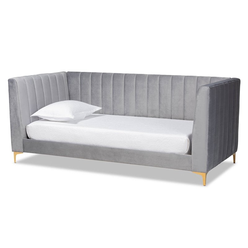 Baxton Studio Oksana Grey Velvet Upholstered and Gold Finished Twin Size Daybed