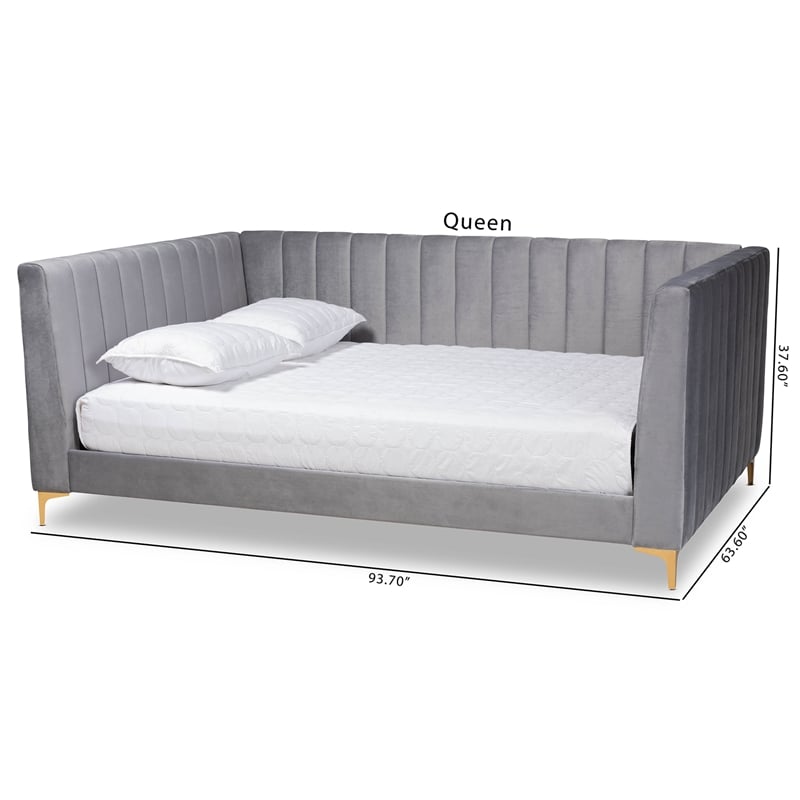 Baxton Studio Oksana Grey Velvet Upholstered and Gold Finished Queen Size Daybed