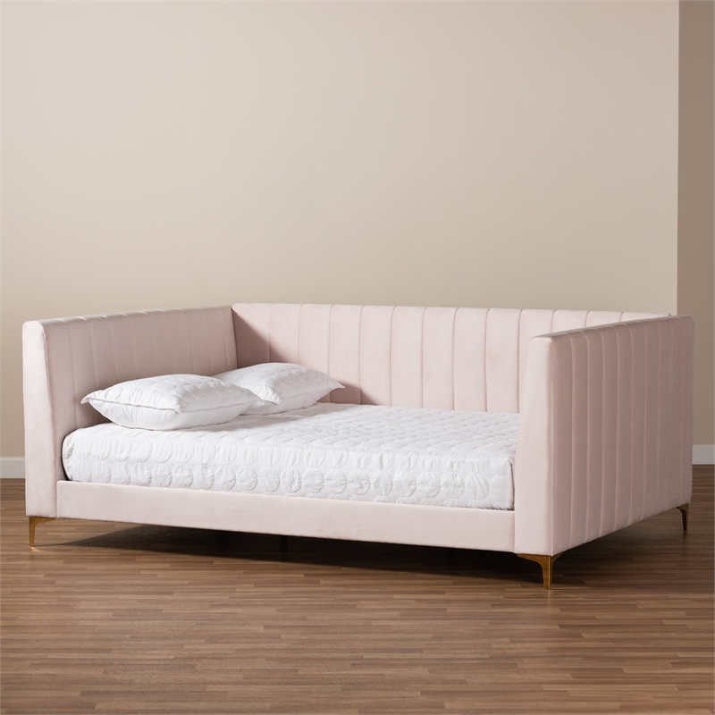 Baxton Studio Oksana Pink Velvet Upholstered and Gold Finished Queen Size Daybed