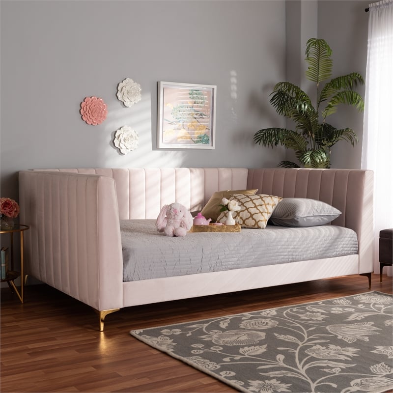 Baxton Studio Oksana Pink Velvet Upholstered and Gold Finished Queen Size Daybed