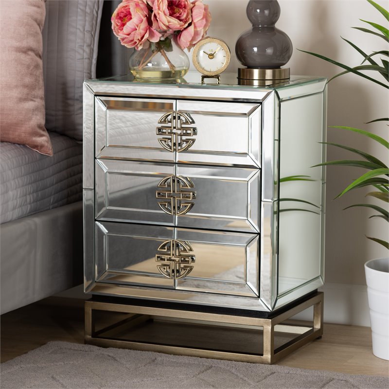 Baxton Studio Laken Mirrored and Antique Bronze 3-Drawer End Table