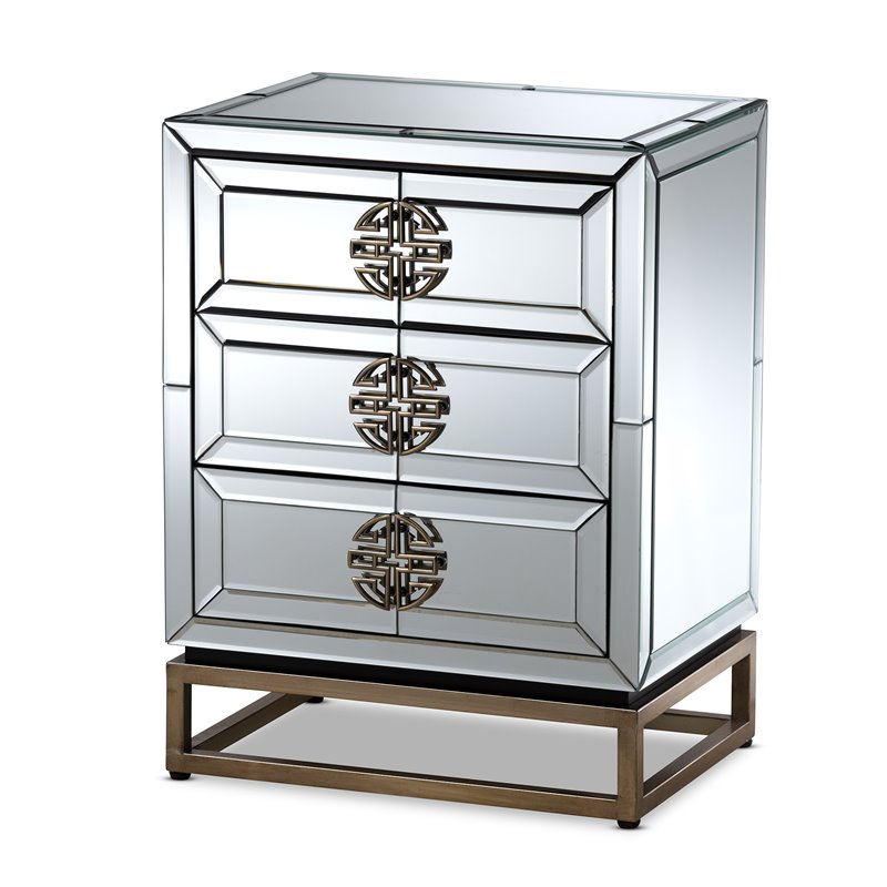 Baxton Studio Laken Mirrored and Antique Bronze 3-Drawer End Table