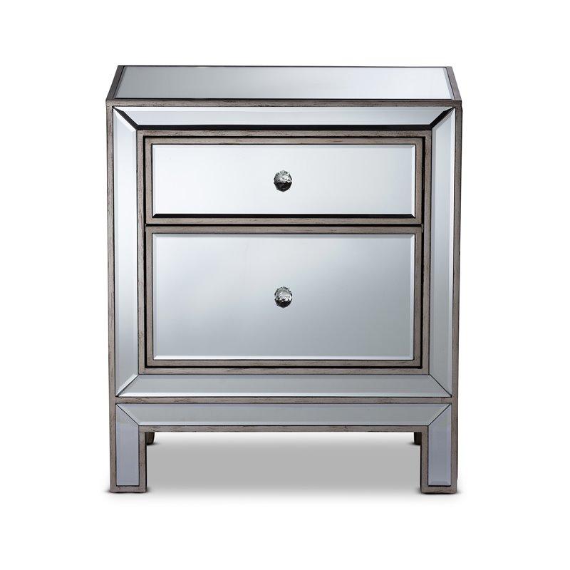 Baxton Studio Fadri Engineered Wood/Mirrored 2-Drawers End Table Antique Silver