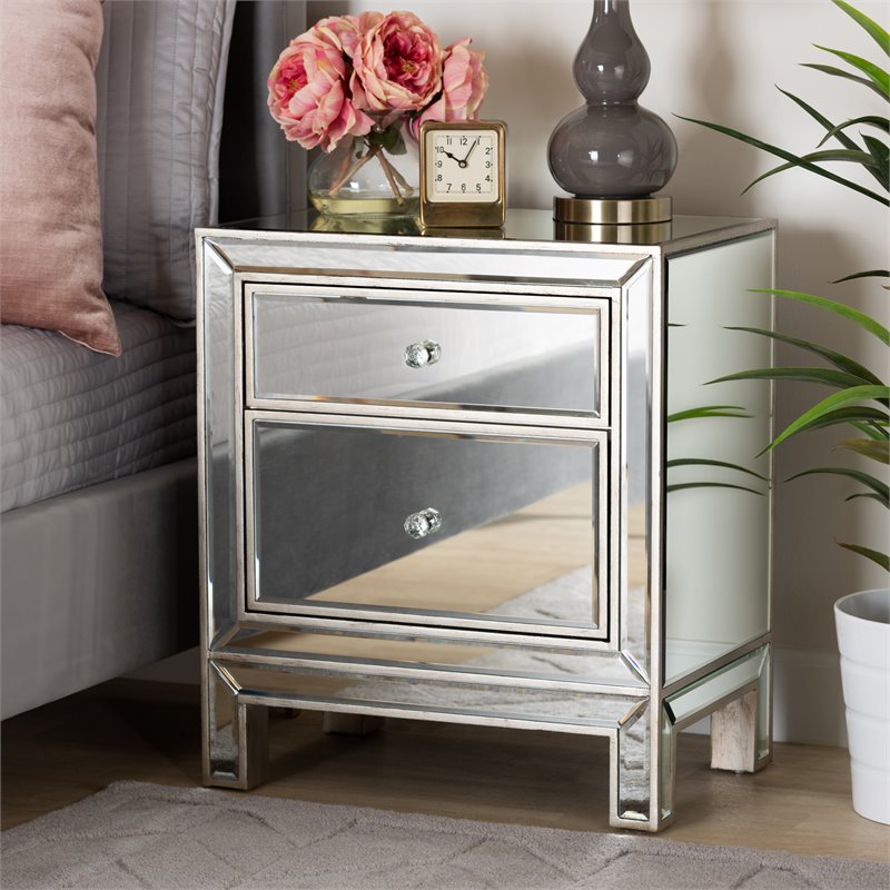 Baxton Studio Fadri Engineered Wood/Mirrored 2-Drawers End Table Antique Silver
