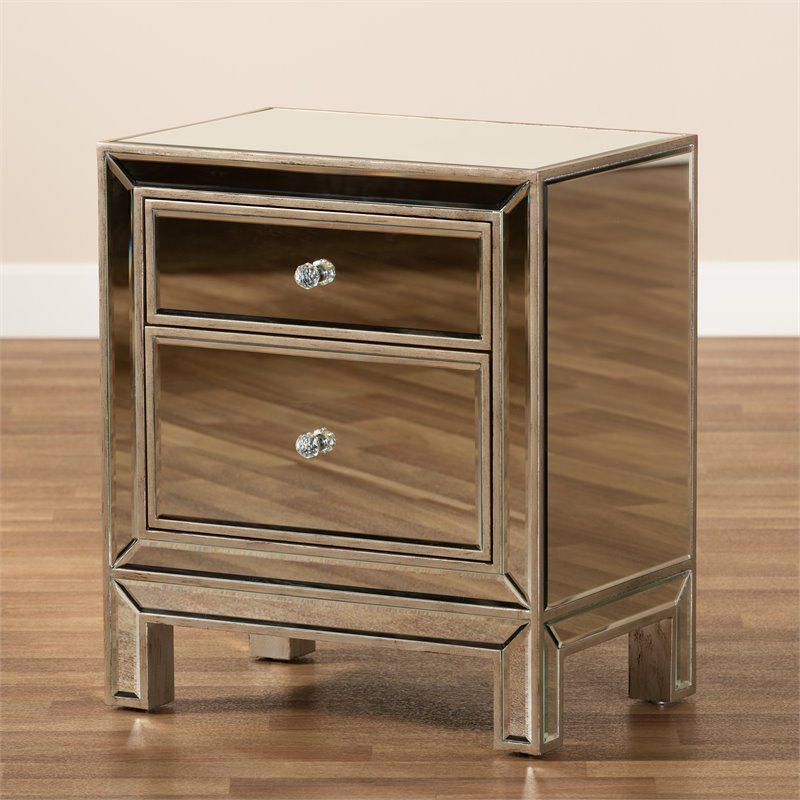 Baxton Studio Fadri Engineered Wood/Mirrored 2-Drawers End Table Antique Silver