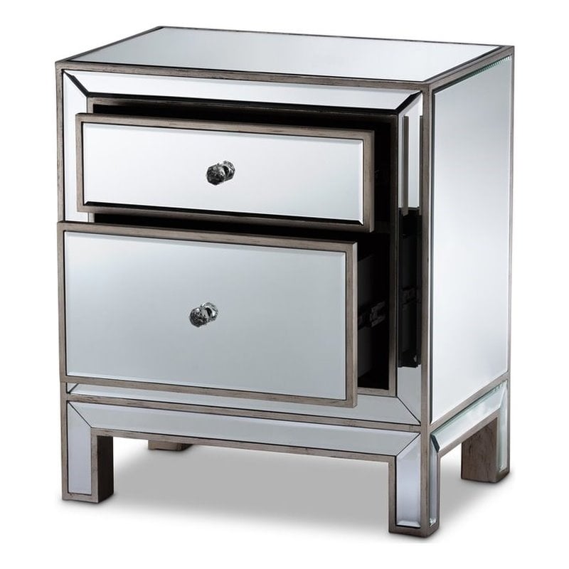 Baxton Studio Fadri Engineered Wood/Mirrored 2-Drawers End Table Antique Silver