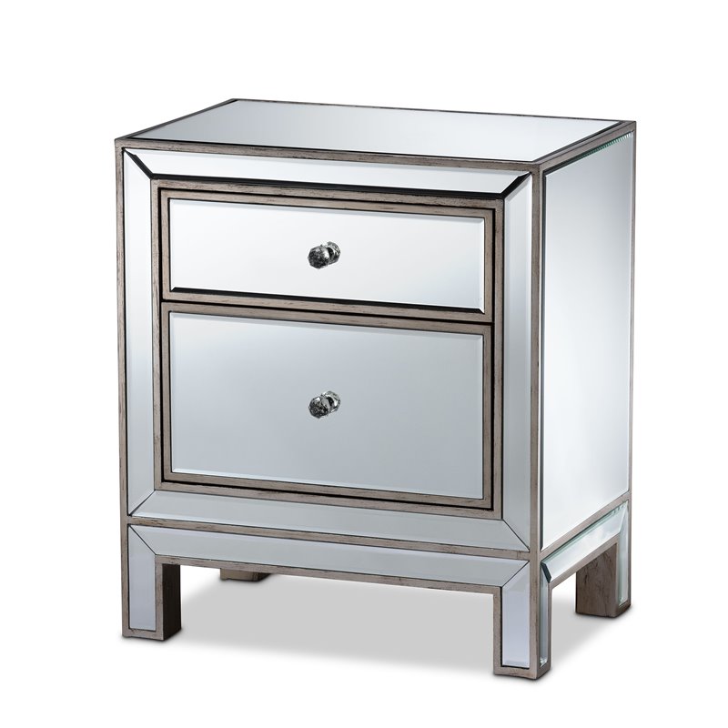 Baxton Studio Fadri Engineered Wood/Mirrored 2-Drawers End Table Antique Silver