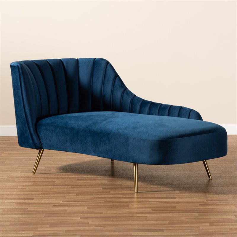 Baxton Studio Kailyn Blue Velvet  Upholstered and Gold Finished Chaise
