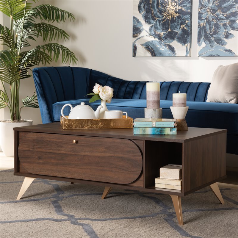 Baxton Studio Edel Walnut Brown and Gold Finished Wood Coffee Table