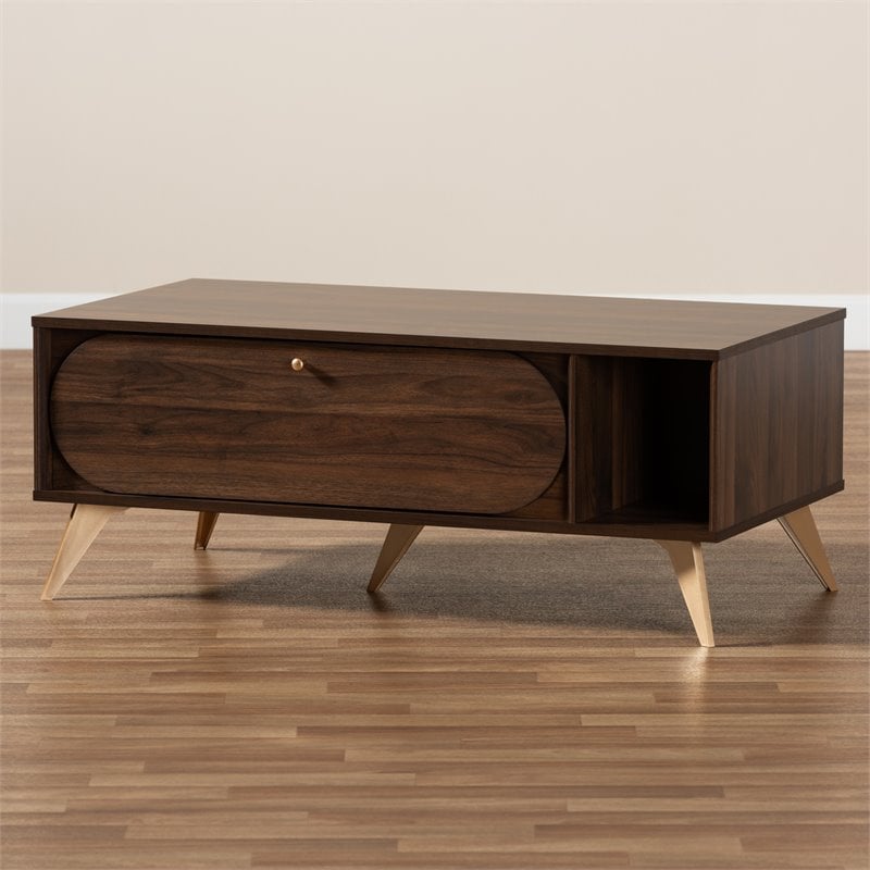 Baxton Studio Edel Walnut Brown and Gold Finished Wood Coffee Table