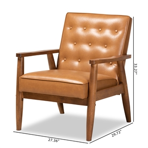 baxton studio tan faux leather upholstered and walnut finished wood lounge chair