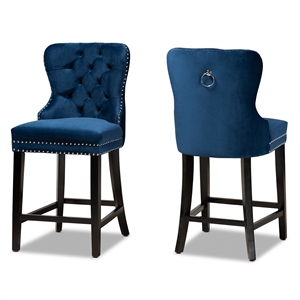 Baxton Studio Blue Upholstered and Brown Finished Wood 2-Piece Stool Set