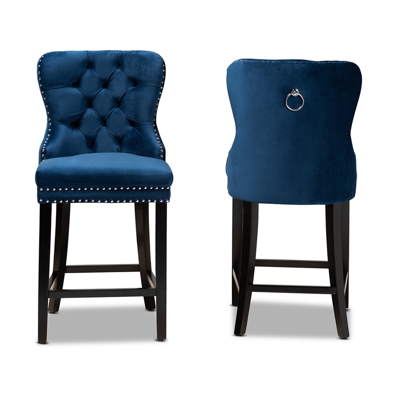 Baxton Studio Blue Upholstered and Brown Finished Wood 2-Piece Stool Set