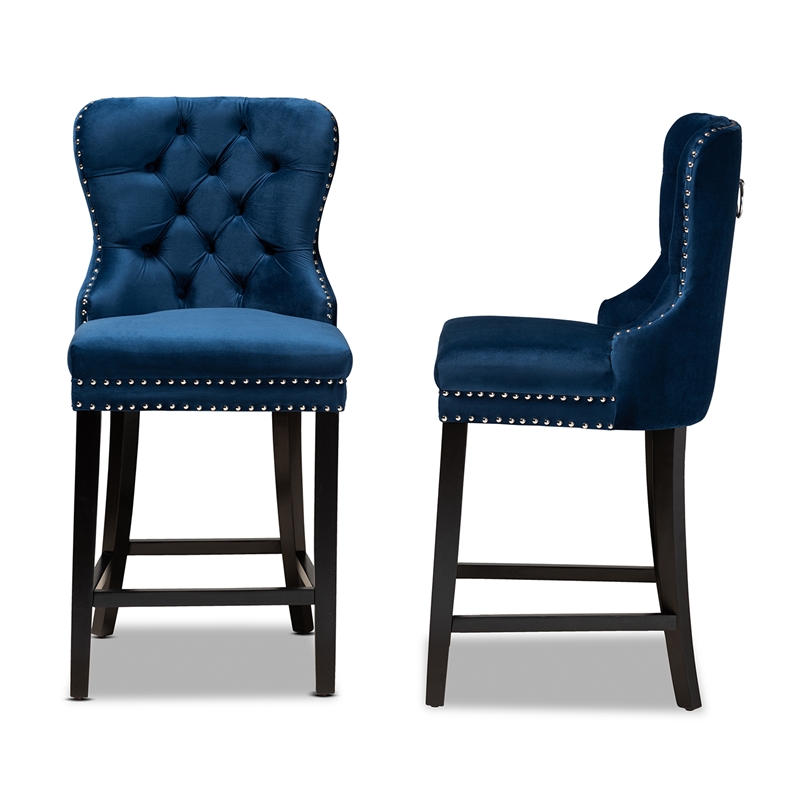 Baxton Studio Blue Upholstered and Brown Finished Wood 2-Piece Stool Set