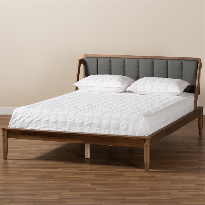 Baxton Studio Helsa Grey Fabric Upholstered and Walnut Finished Queen Size Bed