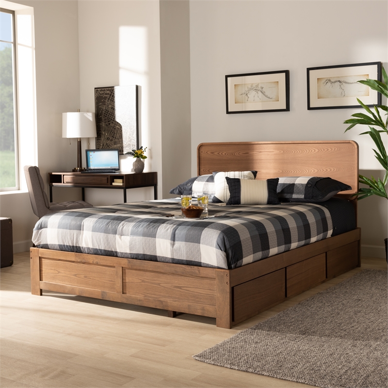 Baxton Studio Eleni Walnut Finished Wood Queen Size 3-Drawer Bed