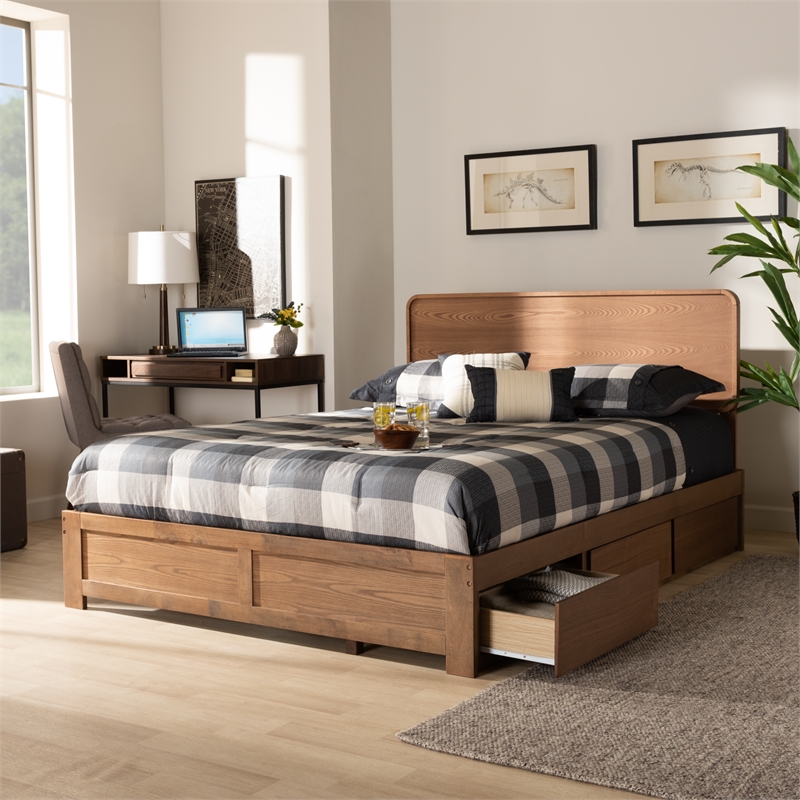 Baxton Studio Eleni Walnut Finished Wood Queen Size 3-Drawer Bed