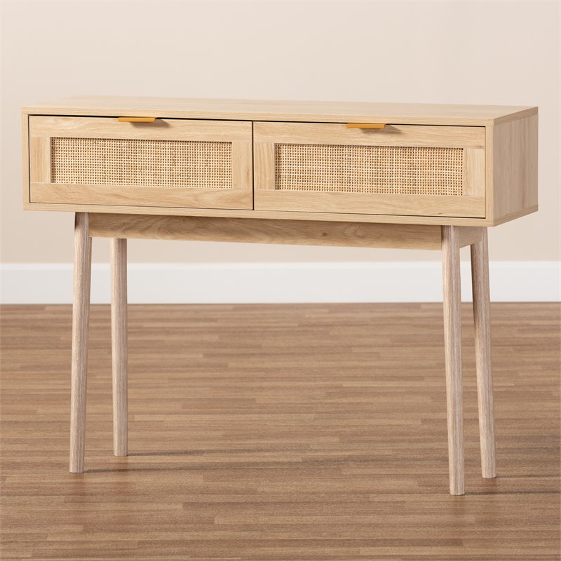 Baxton Studio Light Oak Brown Finished Wood And Rattan 2 Drawer Console Table 176 21003 11250 Cymx