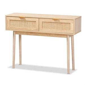 baxton studio light oak brown finished wood and rattan 2-drawer console table