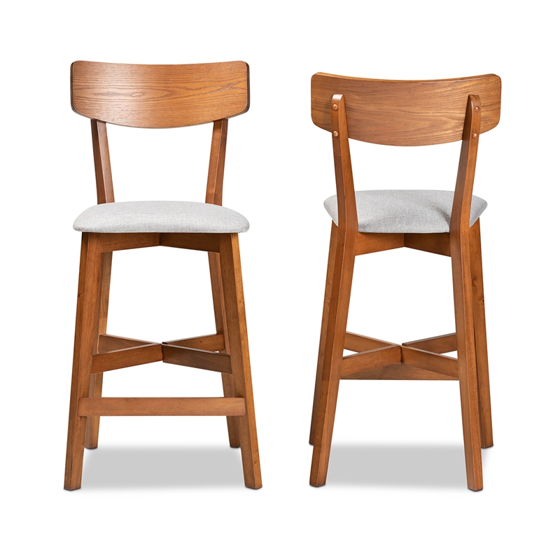 Baxton Studio Grey Upholstered and Brown Finished Wood 2-Piece Counter Stool Set