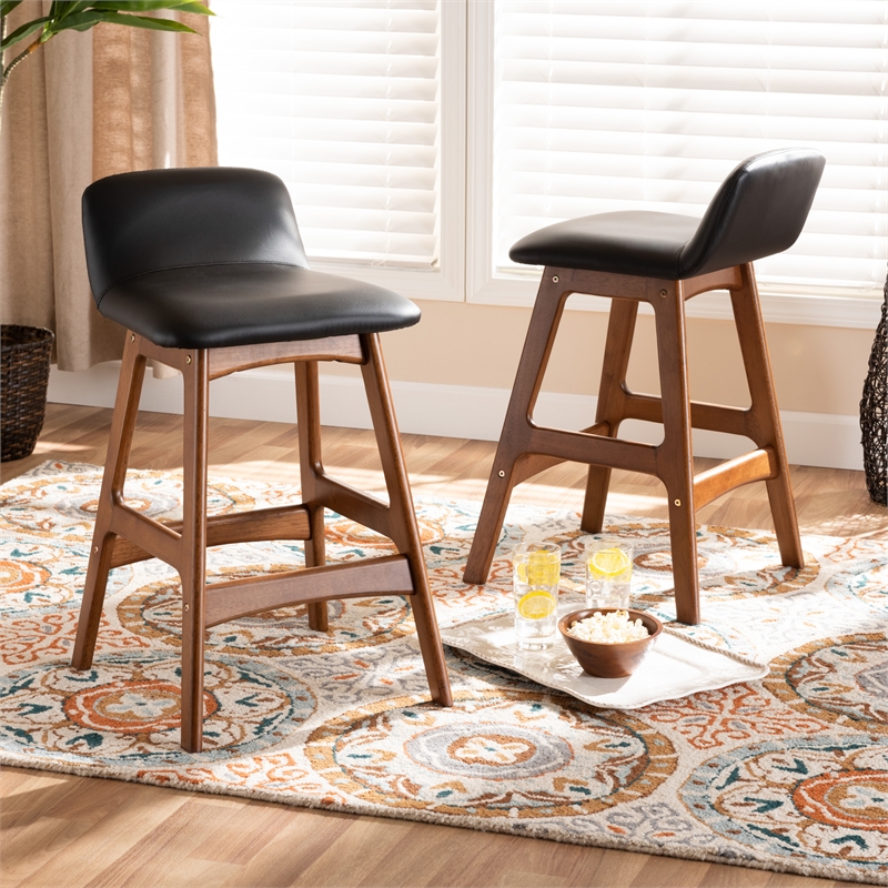 Baxton Studio Black Upholstered and Brown Finished Wood 2-Piece Stool Set
