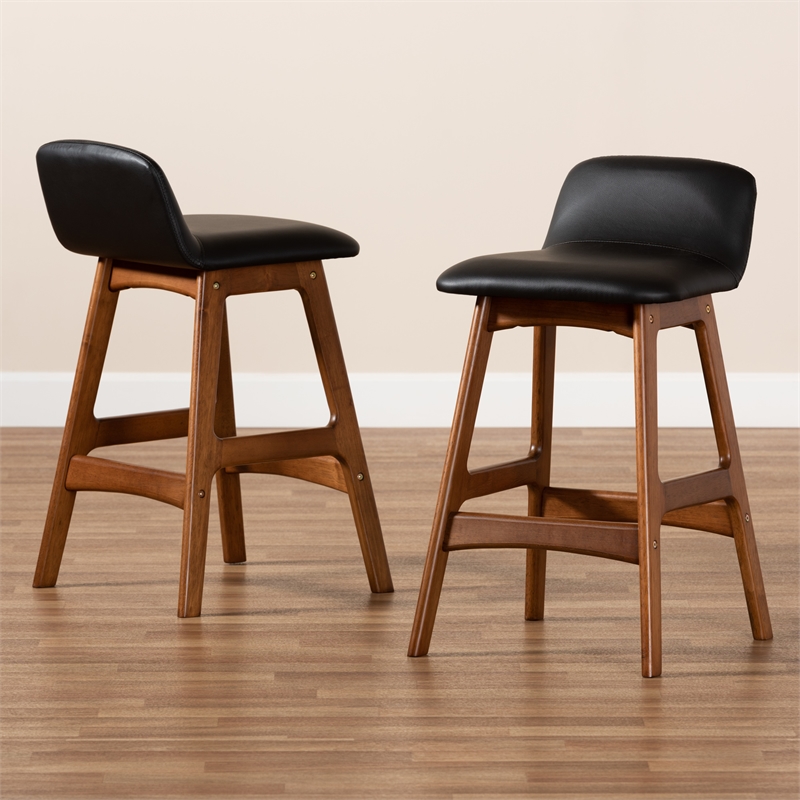Baxton Studio Black Upholstered and Brown Finished Wood 2-Piece Stool Set