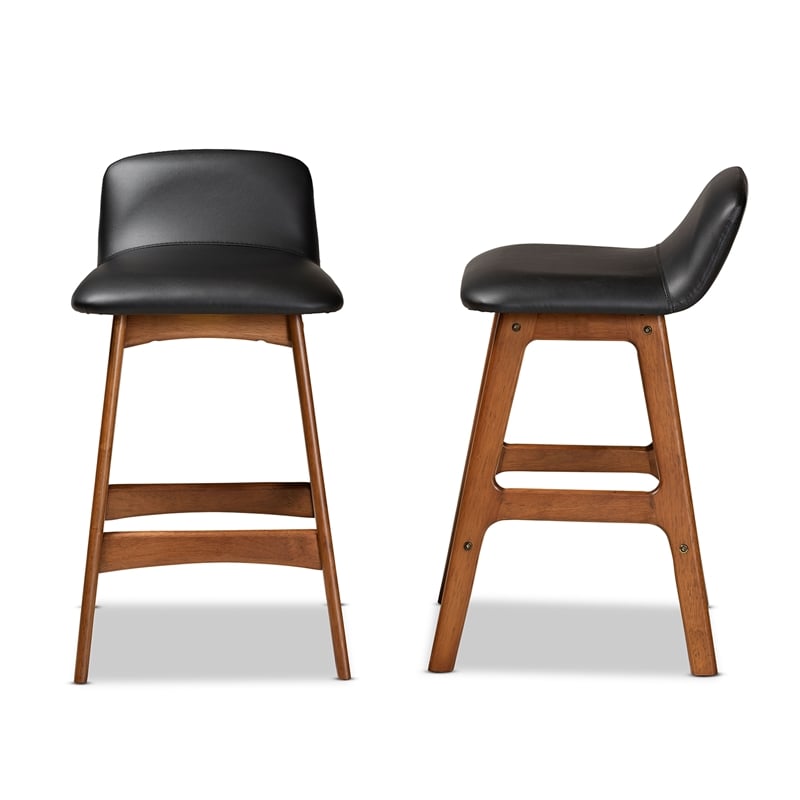 Baxton Studio Black Upholstered and Brown Finished Wood 2-Piece Stool Set