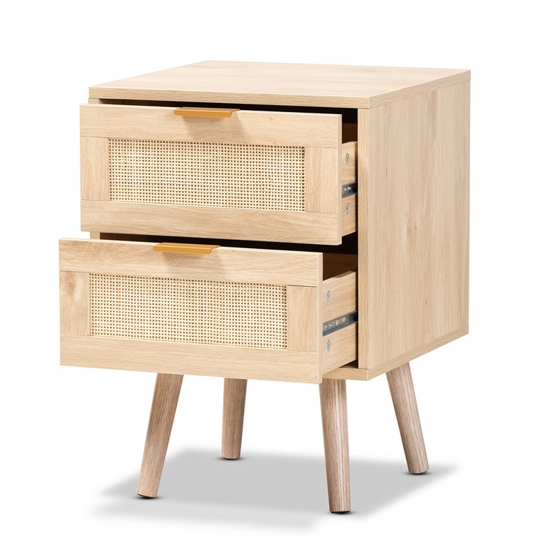 Baxton Studio Baird Light Oak Brown Wood and Rattan 2-Drawer End Table