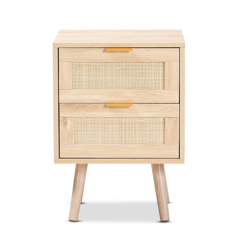 Baxton Studio Baird Light Oak Brown Wood and Rattan 2-Drawer End Table