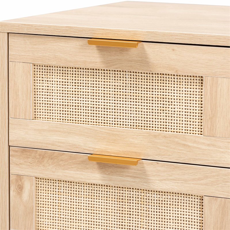 Baxton Studio Baird Light Oak Brown Wood and Rattan 2-Drawer End Table