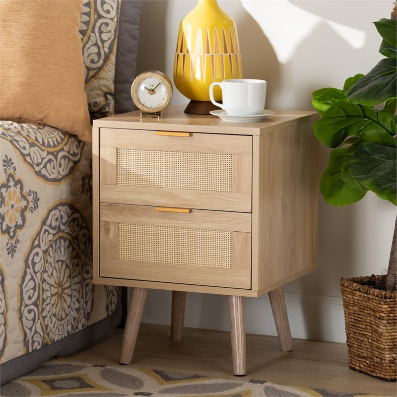 Baxton Studio Baird Light Oak Brown Wood and Rattan 2-Drawer End Table
