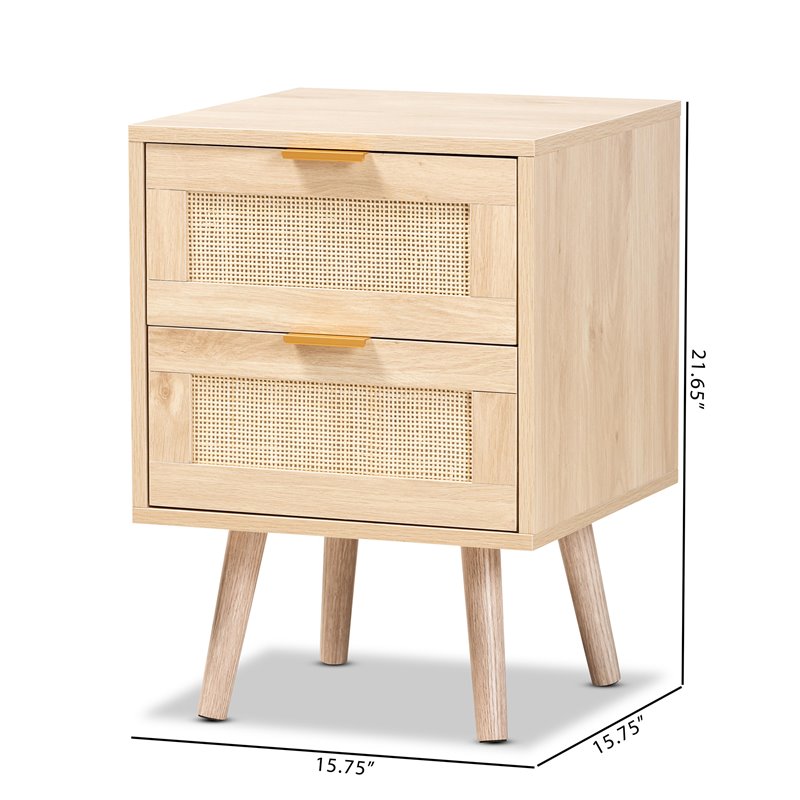 Baxton Studio Baird Light Oak Brown Wood and Rattan 2-Drawer End Table