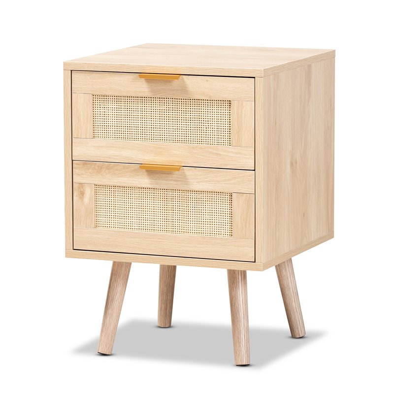 Baxton Studio Baird Light Oak Brown Wood and Rattan 2-Drawer End Table
