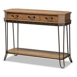 baxton studio brown wood and black finished metal 3-drawer console table