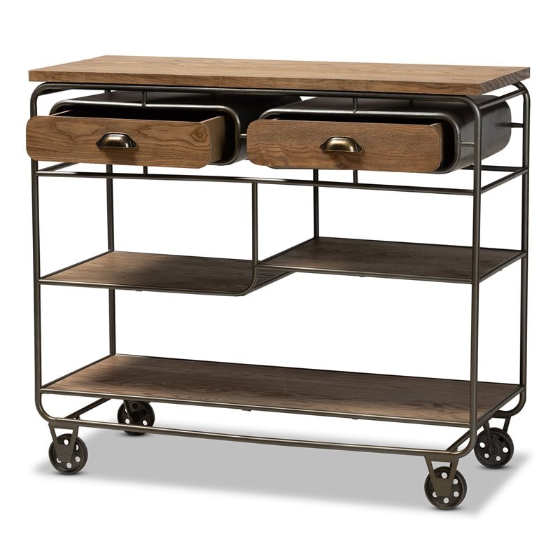 Baxton Studio Brown Finished Wood and Black Finished Metal 2-Drawer Kitchen Cart