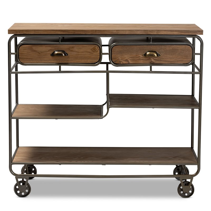 Baxton Studio Brown Finished Wood and Black Finished Metal 2-Drawer Kitchen Cart