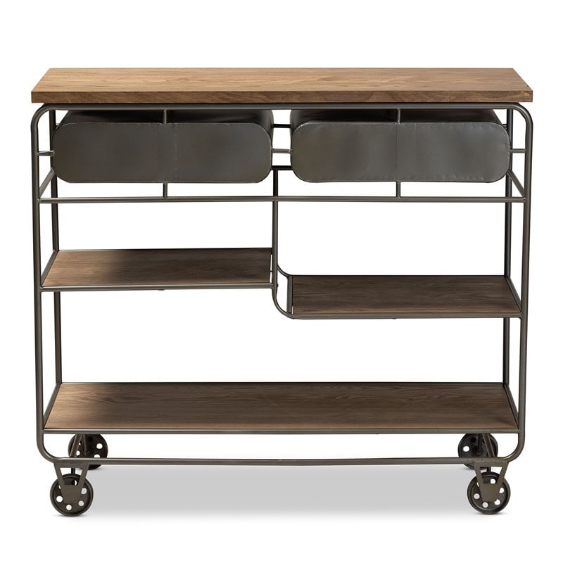 Baxton Studio Brown Finished Wood and Black Finished Metal 2-Drawer Kitchen Cart