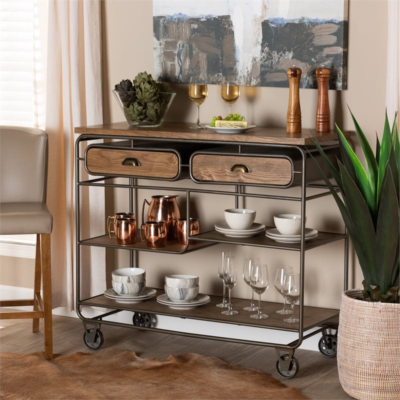 Baxton Studio Brown Finished Wood and Black Finished Metal 2-Drawer Kitchen Cart