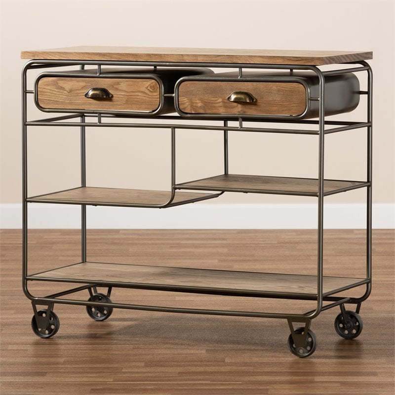 Baxton Studio Brown Finished Wood and Black Finished Metal 2-Drawer Kitchen Cart