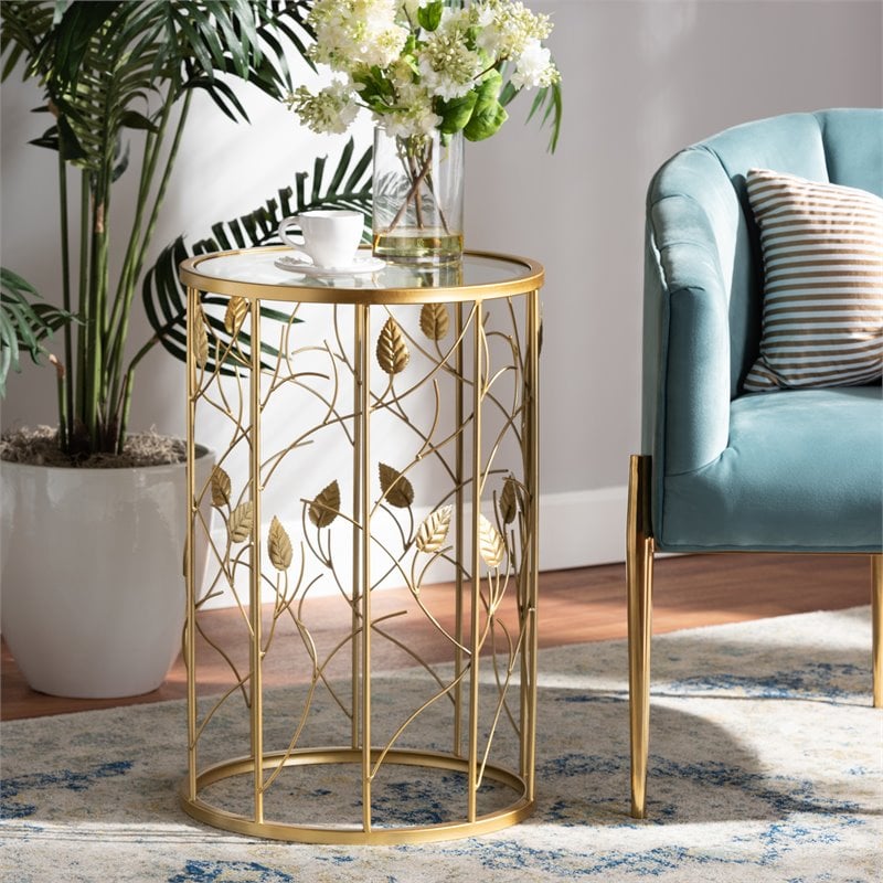 Baxton Studio Glam Brushed Gold Finished Metal and Glass Leaf Accent End Table