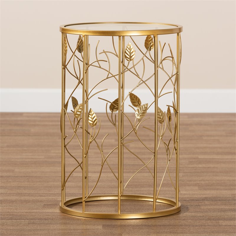 Baxton Studio Glam Brushed Gold Finished Metal and Glass Leaf Accent End Table