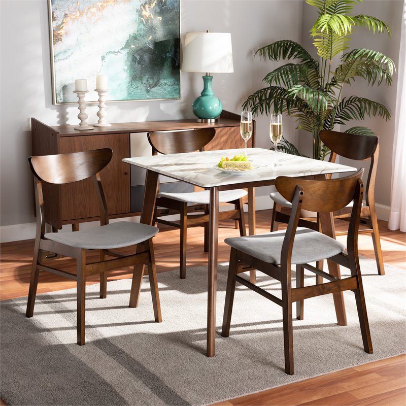 Baxton Studio Walnut Brown 5 Piece Dining Set with Faux Marble and Gray Seats