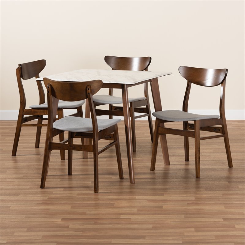 Baxton Studio Walnut Brown 5 Piece Dining Set with Faux Marble and Gray Seats