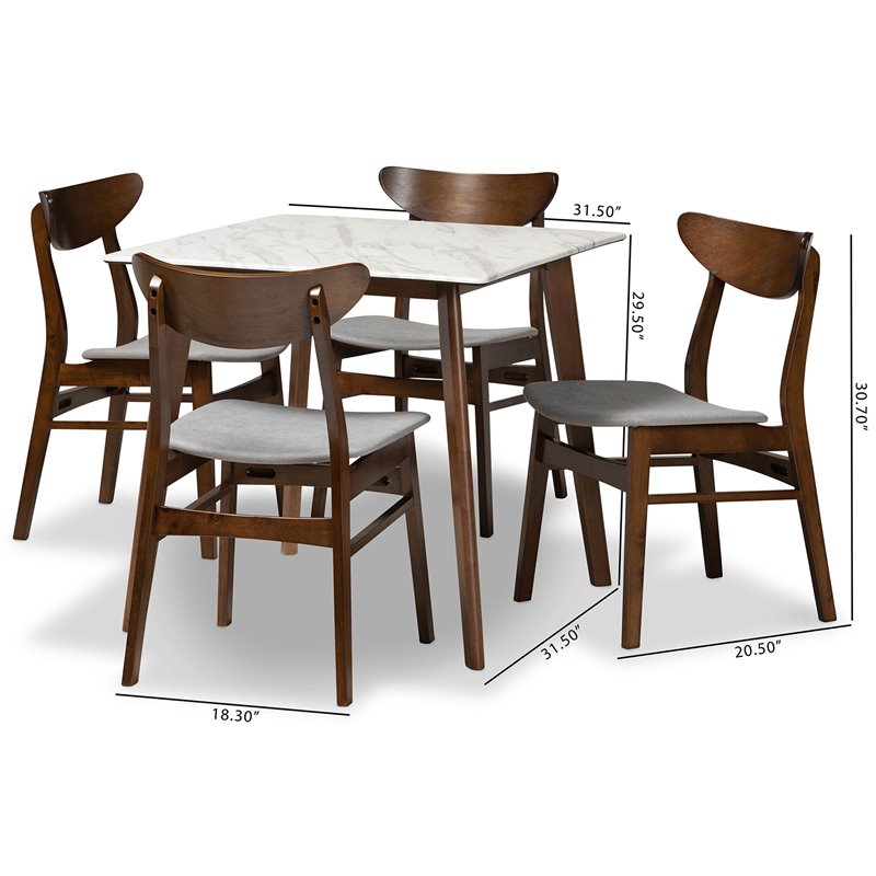 Baxton Studio Walnut Brown 5 Piece Dining Set with Faux Marble and Gray Seats