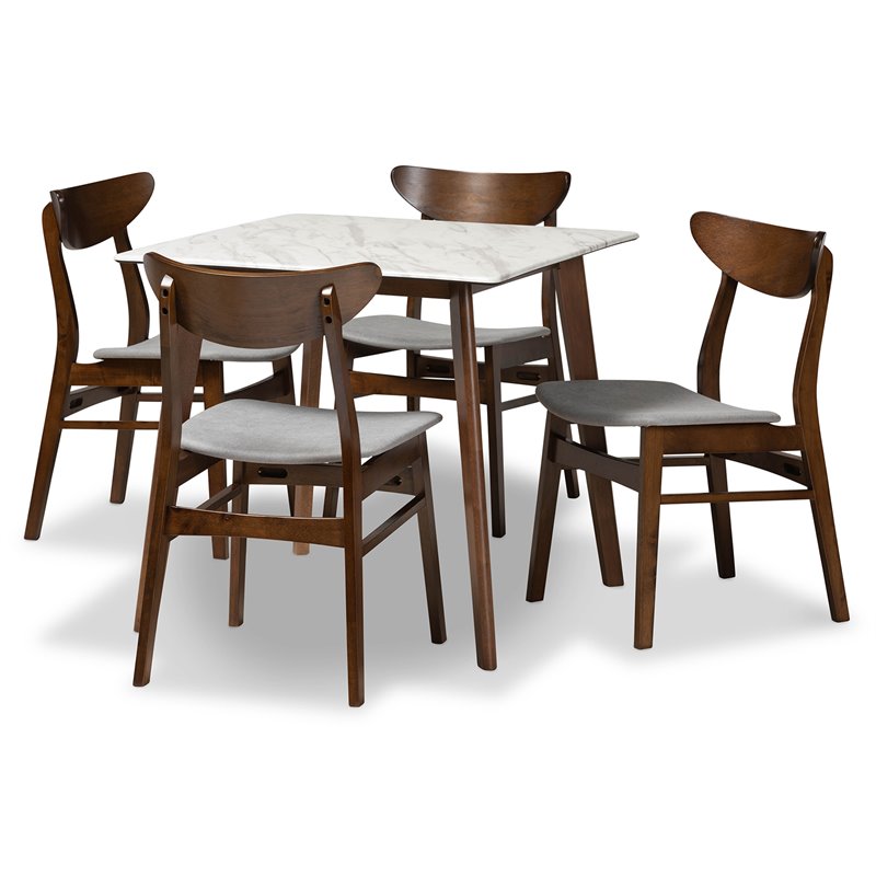 Baxton Studio Walnut Brown 5 Piece Dining Set with Faux Marble and Gray Seats