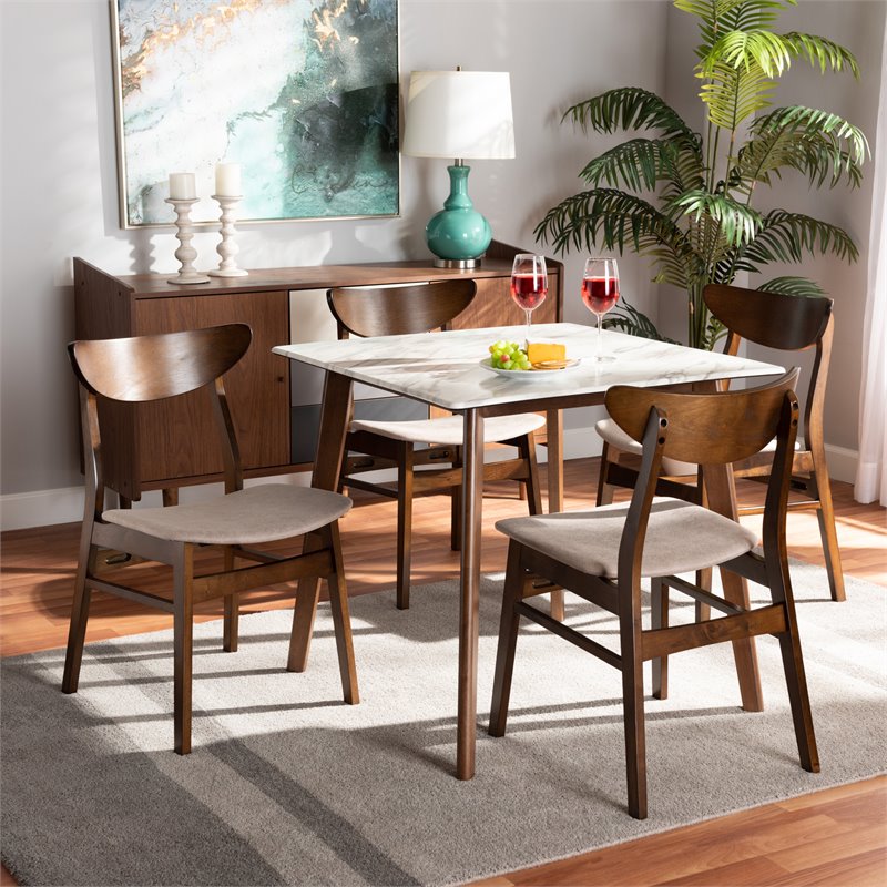 Baxton Studio Walnut Brown 5 Piece Dining Set with Faux Marble and Beige Seats